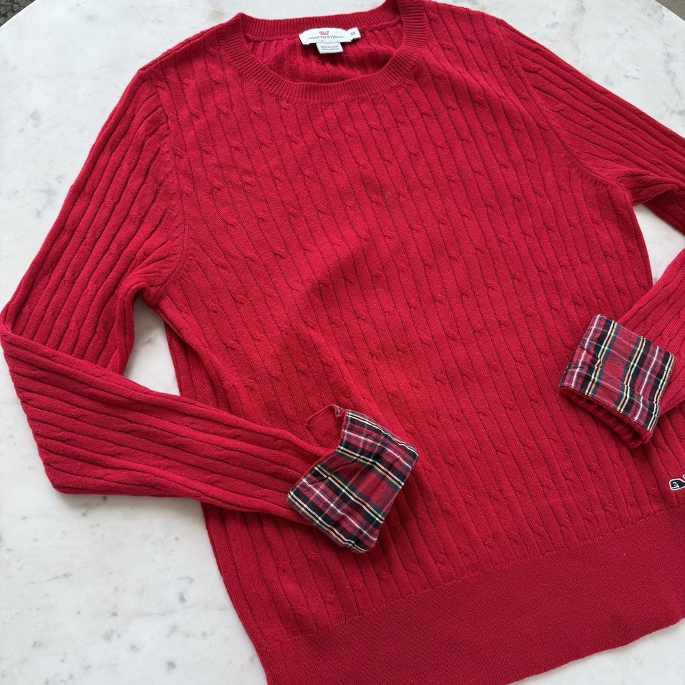 Vineyard Vines cable knit Sweater Red w/Tartan Plaid Flip Cuffs Womens XS PREPPY